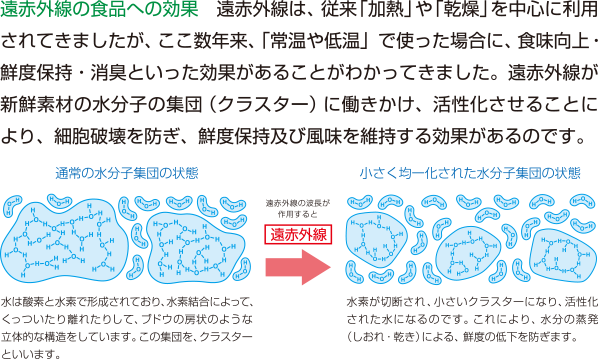 遠赤外線の食品への効果遠赤外線は、従来「加熱」や「乾燥」を中心に利用されてきましたが、ここ数年来、「常温や低温」で使った場合に、食味向上・鮮度保持・消臭といった効果があることがわかってきました。遠赤外線が新鮮素材の水分子の集団（クラスター）に働きかけ、活性化させることにより、細胞破壊を防ぎ、鮮度保持及び風味を維持する効果があるのです。